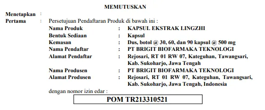 izin bpom ekstrak kapsul lingzhi